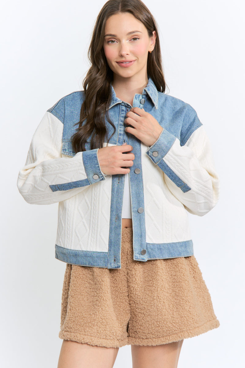  Long Sleeve Cable Knit Denim Trim One Size Shacket Cream Ivory