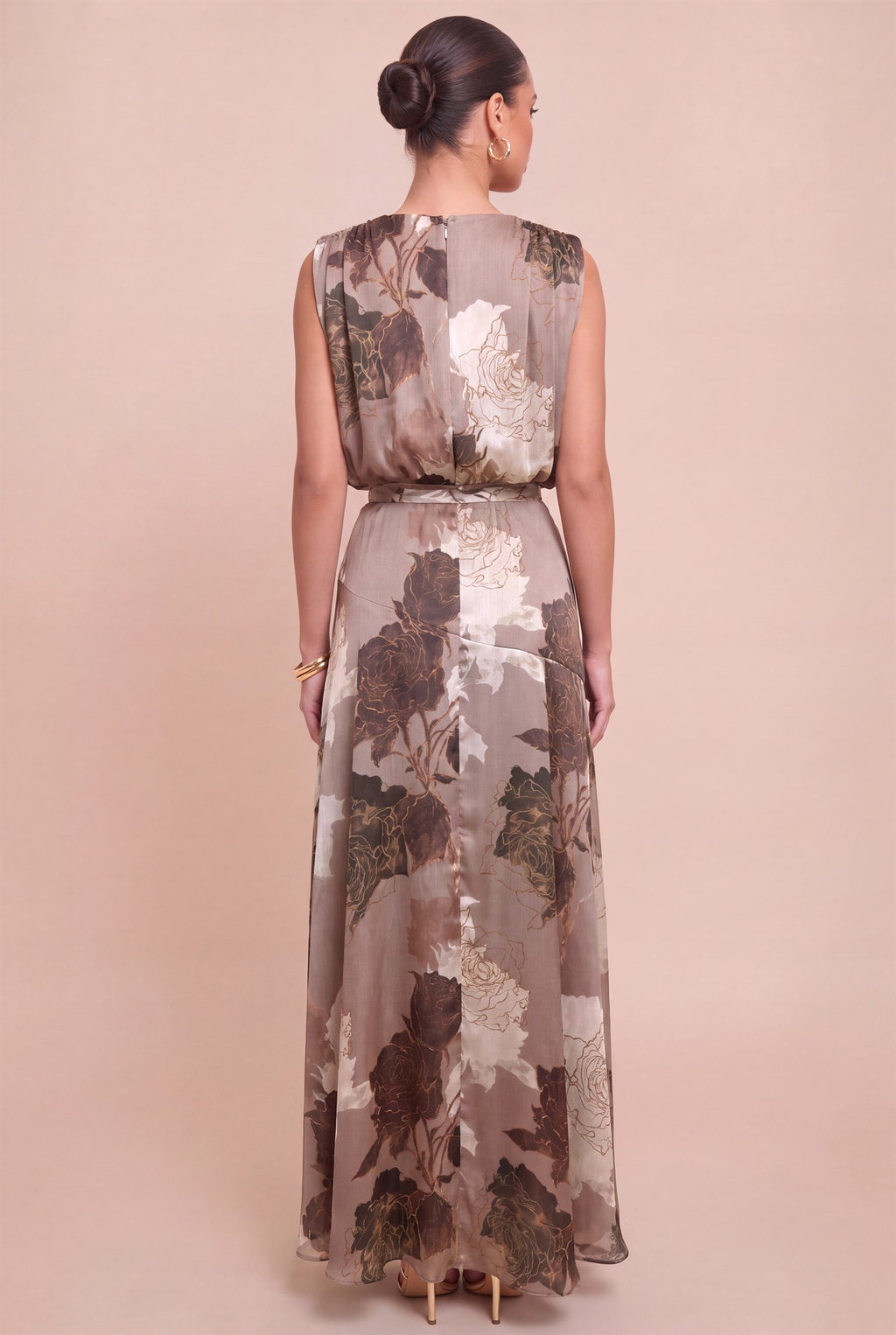Sleeveless Waist Tie Floral Print Maxi Dress Latte