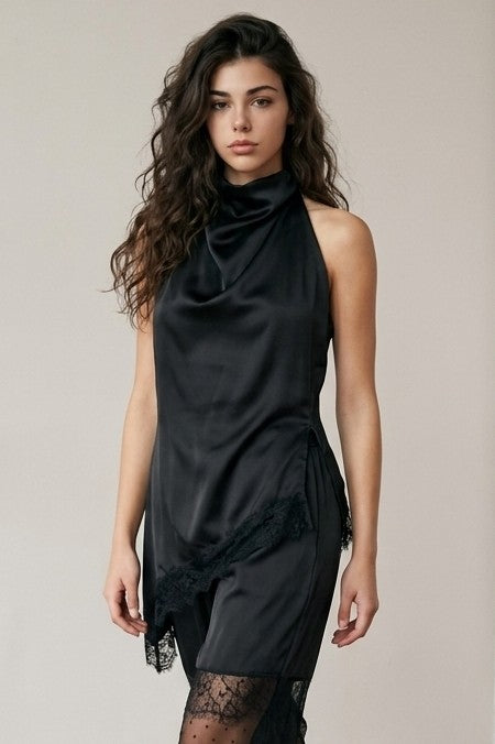 Sleeveless Elegant Lace Trim Satin Asymmetrical Top Black