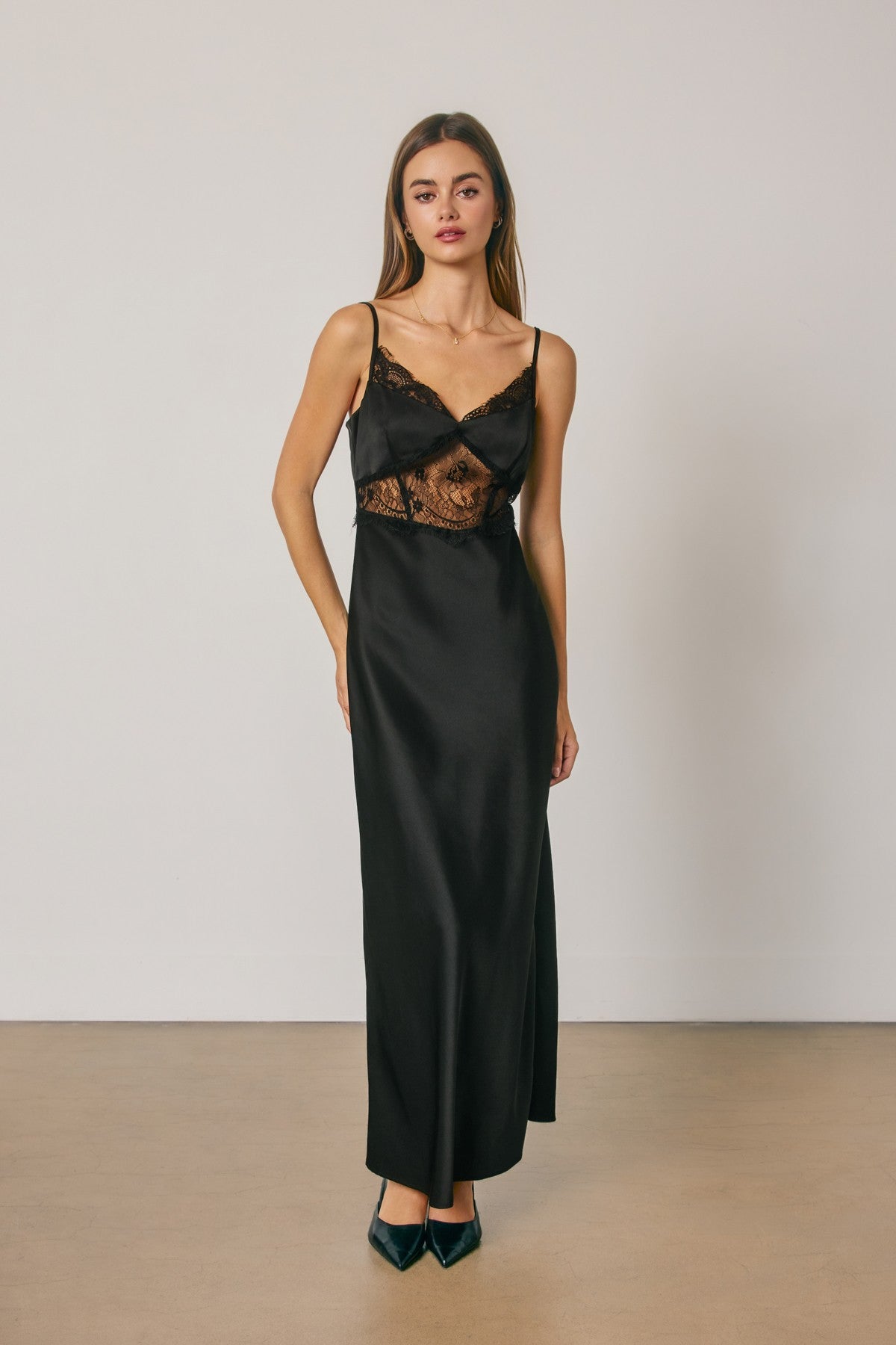 Gracen Sleeveless Ethereal Lace Satin Trim Midi Dress Black