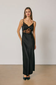 Gracen Sleeveless Ethereal Lace Satin Trim Midi Dress Black