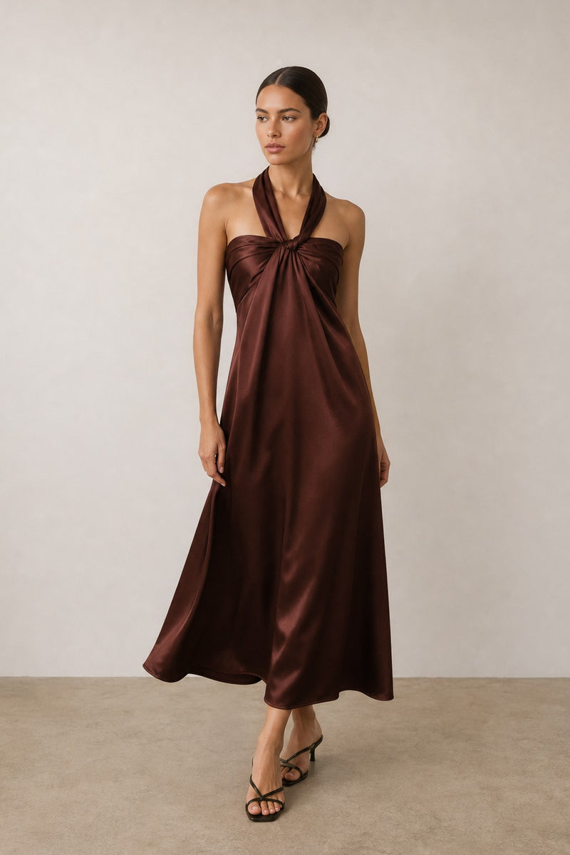 Sleeveless Halter Twist Front Satin Maxi Dress Brown