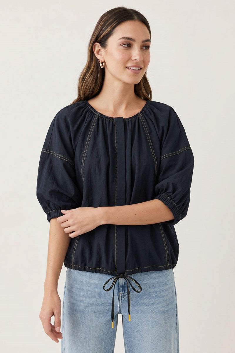 3/4 Dolman Sleeve Drawstring Contrast Top Navy
