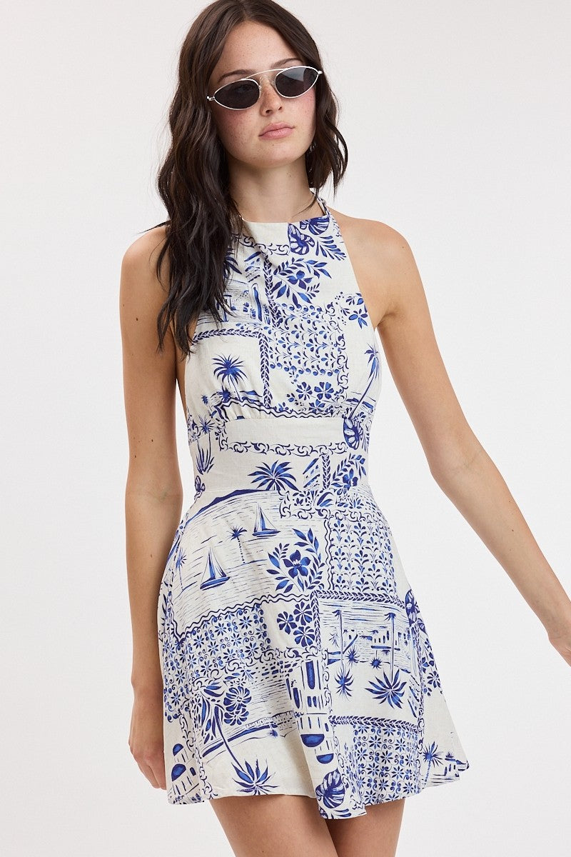 Sleeveless Halter Vintage Palm Print Mini Dress Blue