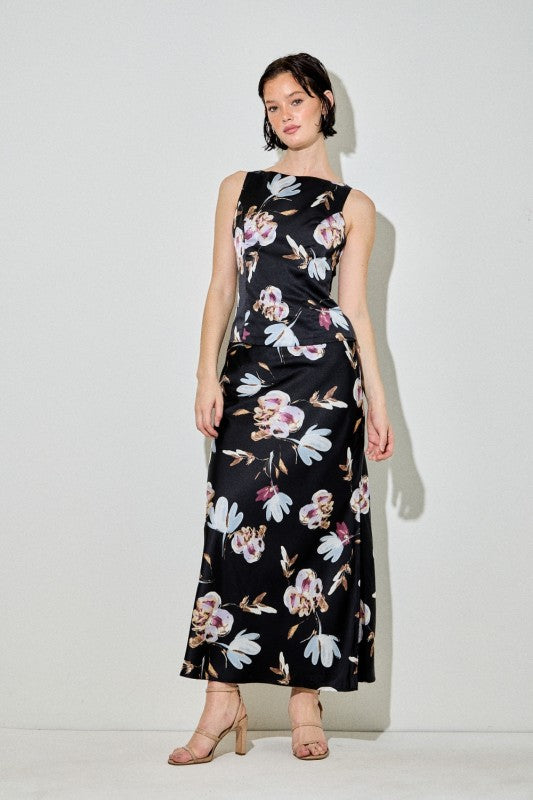 High Waist Floral Midi Skirt Black