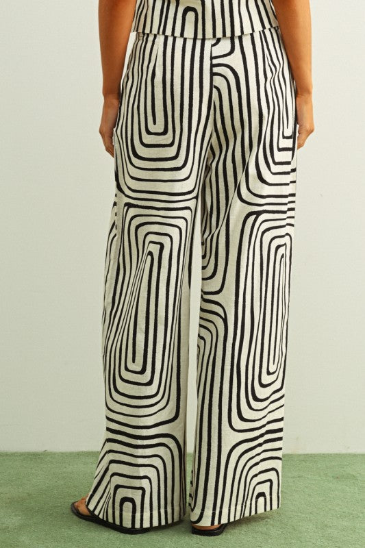 High Waist Wide Leg Modern Abstract Print Pants Black