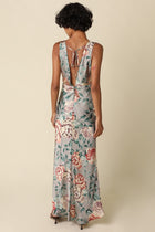 Sleeveless Open Back Elegant Floral Print Satin Maxi Dress Sage