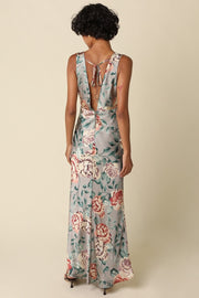 Sleeveless Open Back Elegant Floral Print Satin Maxi Dress Sage