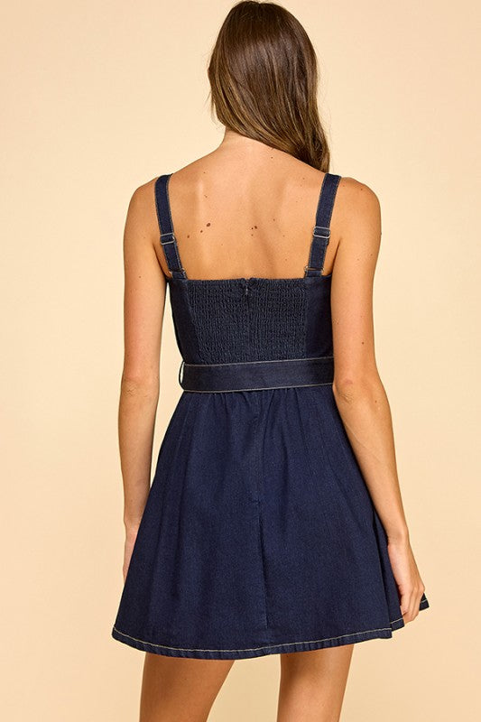  Sleeveless Belted Pleated Denim Mini Dress Dark Wash