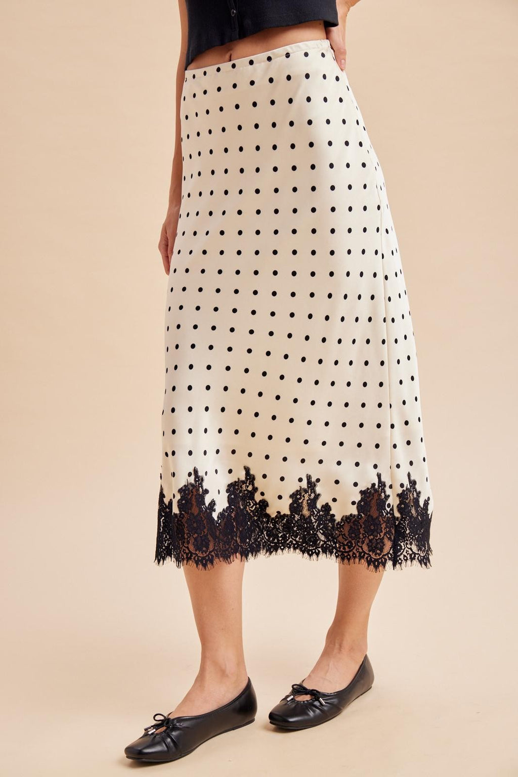 High Waist Satin And Lace Polka Dot Print Midi Skirt Cream