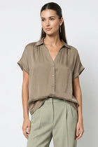 Short Sleeve Button Down Top Khaki