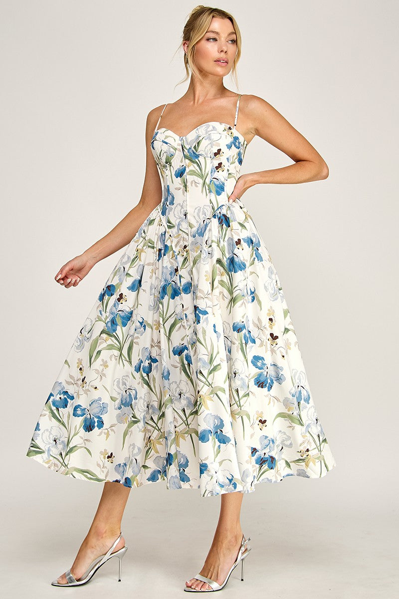 Sleeveless Elegant Petal Floral Print Midi Dress Blue