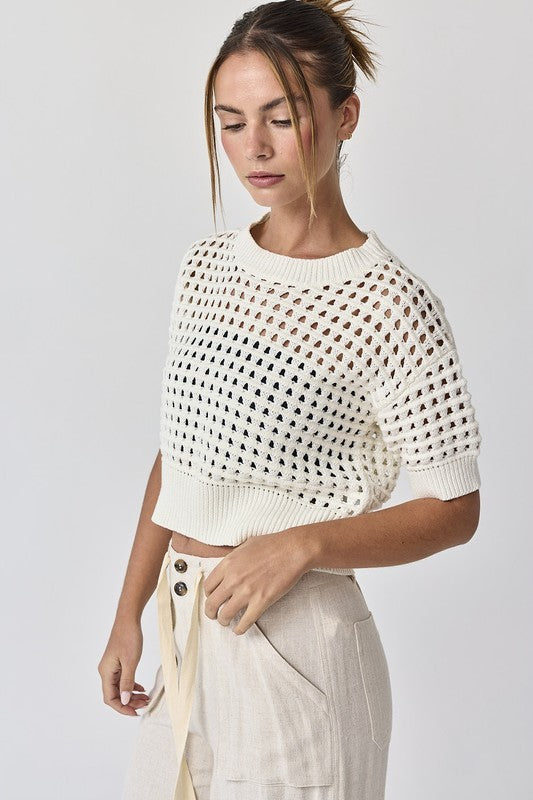Short Sleeve Crop Crochet Top White