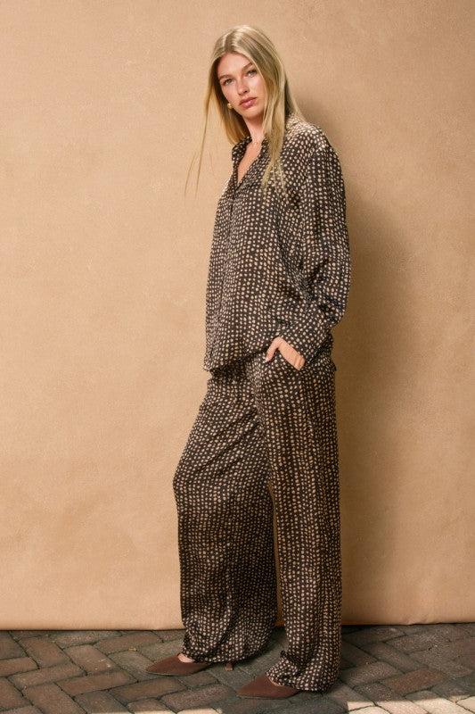 Drawstring Wide Leg Dot Pants Brown