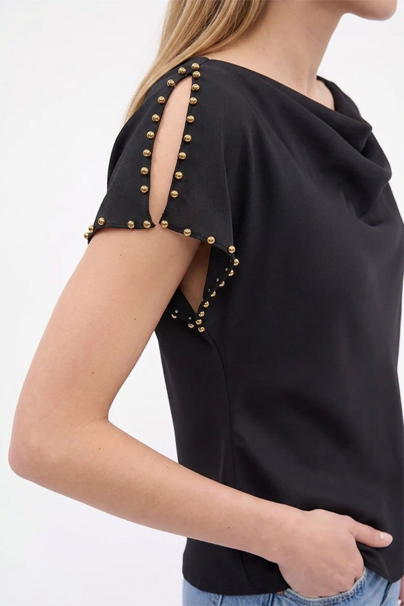 Short Studded Split Sleeve Satin Top Black