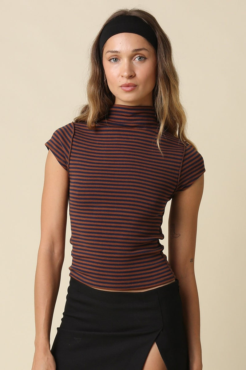 Short Sleeve Mock Neck Stripe Print Top Brown