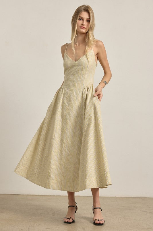 Sleeveless Stripe Print Midi Dress Yellow