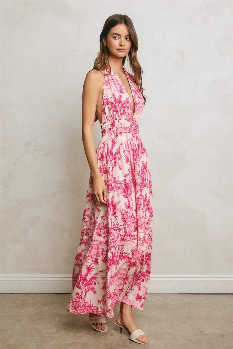 tropical print halter dress Lila Sleeveless Open Back Maxi Pink – Miss Match Group Inc style_code:351135