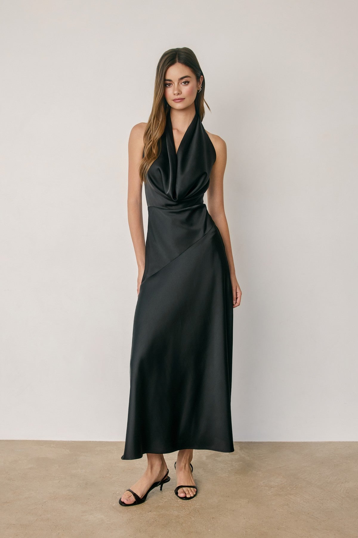 Sleeveless Halter Open Back Satin Maxi Dress Black