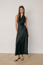 Sleeveless Halter Open Back Satin Maxi Dress Black