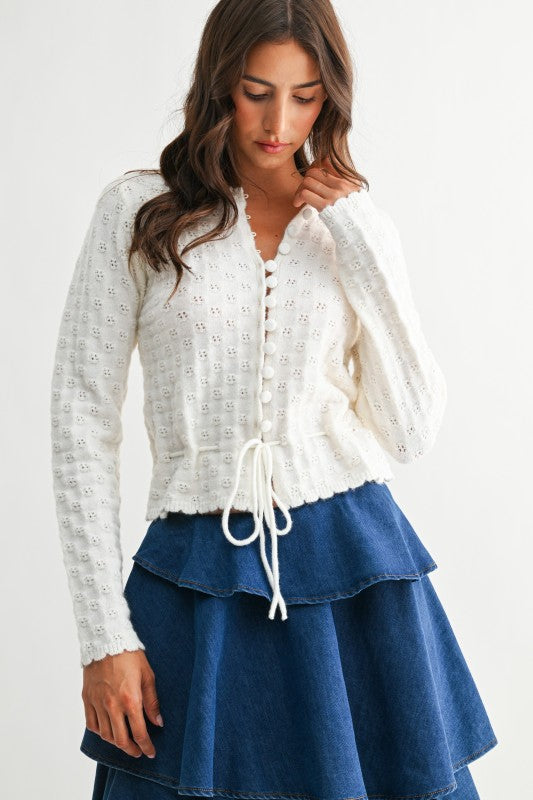 Long Sleeve Button Down Eyelet Knit Top Cream