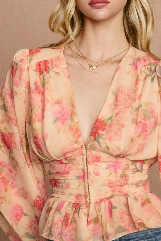 Long Sleeve Button Down Floral Print Peplum Top Peach