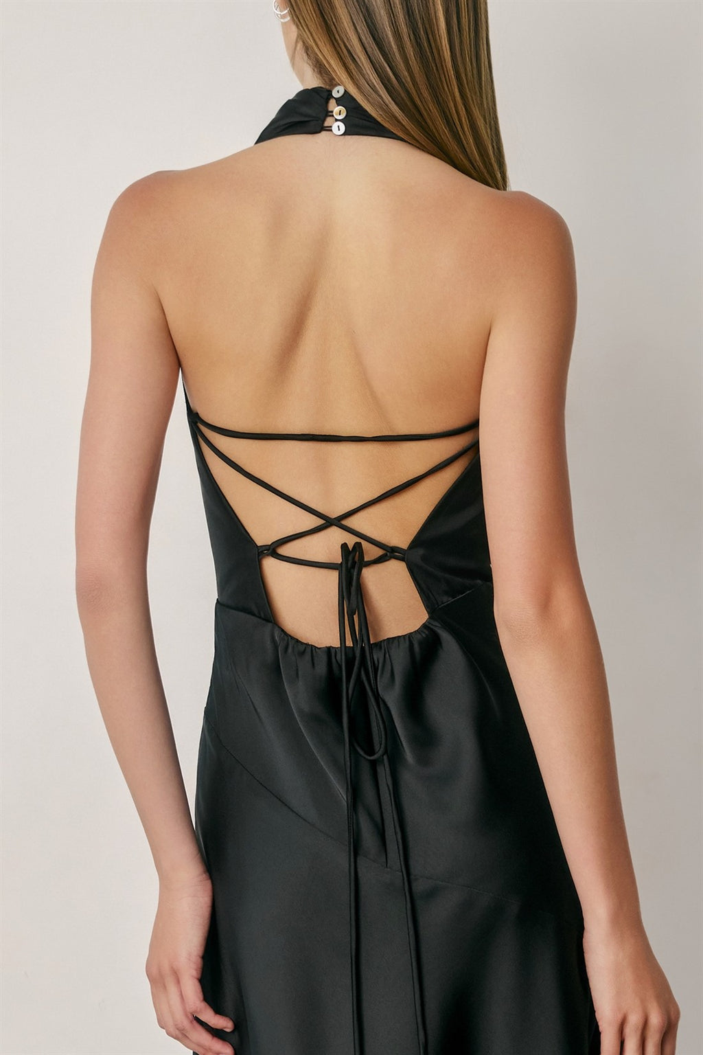 Sleeveless Halter Open Back Satin Maxi Dress Black