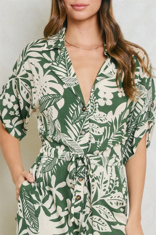 Short Sleeve Waist Tie Button Down Tropical Print Wide Leg Jumpsuit Green