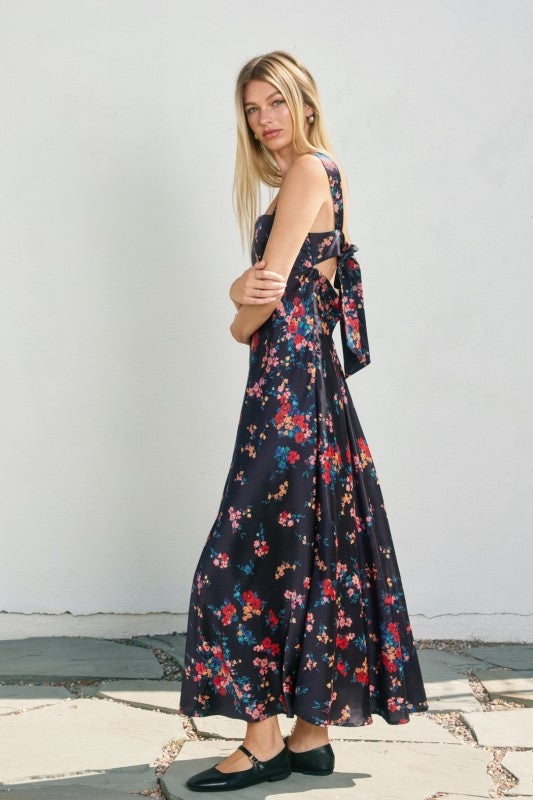 Sleeveless Open Back Tie Floral Print Midi Dress Navy