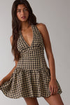 Sleeveless Halter Checkered Print Mini Dress Natural