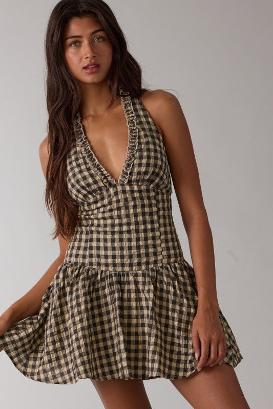Sleeveless Halter Checkered Print Mini Dress Natural