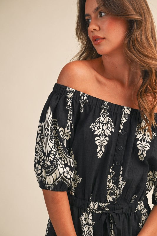 Short Sleeve Off The Shoulder Waist Tie Abstract Print Wide Leg Jumpsuit Black