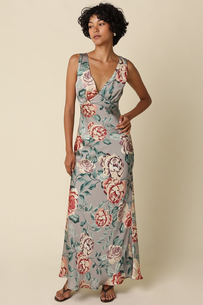 Sleeveless Open Back Elegant Floral Print Satin Maxi Dress Sage