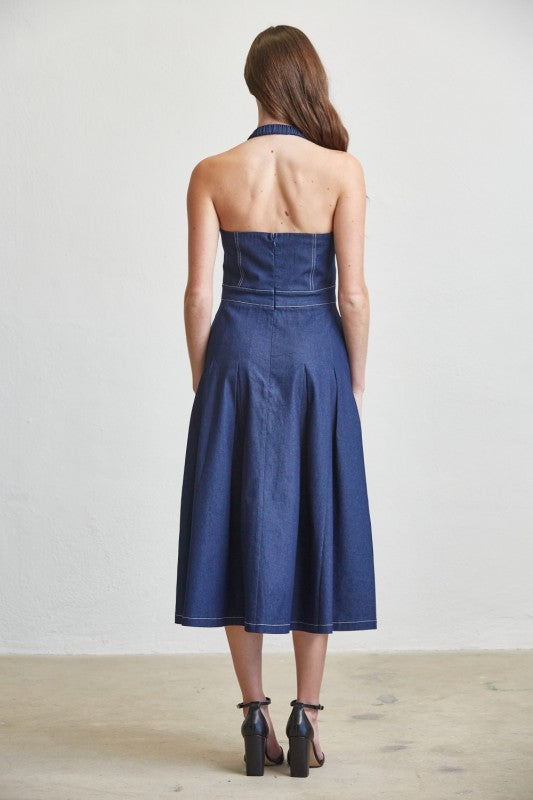 Sleeveless Halter Contrast Stitch Denim Midi Dress Dark Wash