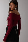 Long Sleeve Off The Shoulder Knit Top Burgundy