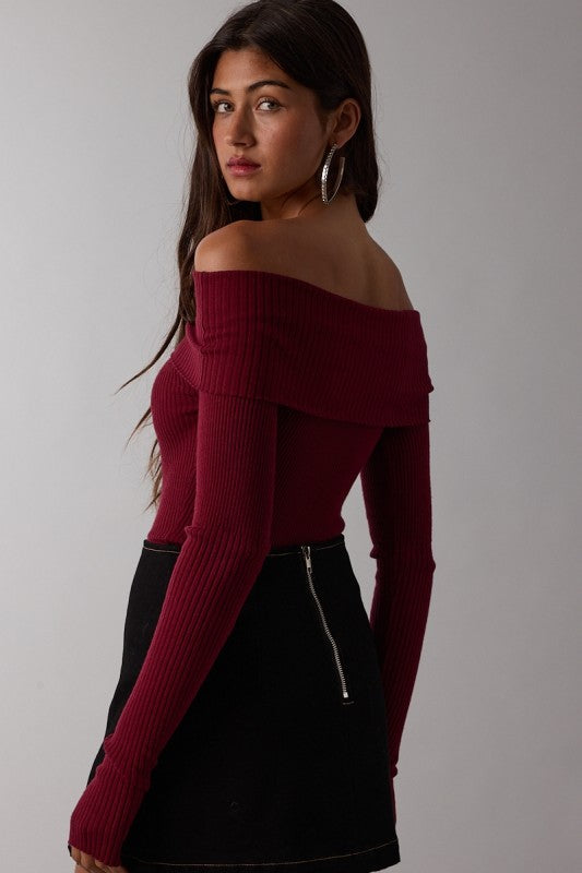 Long Sleeve Off The Shoulder Knit Top Burgundy