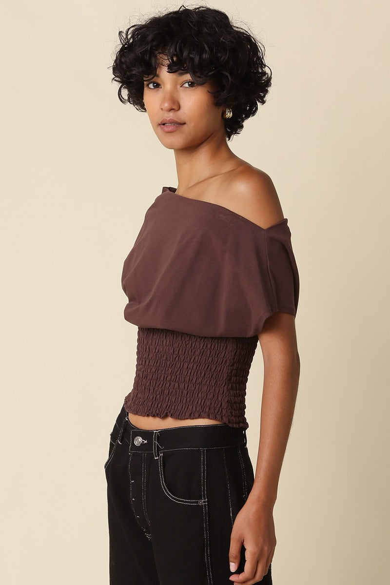  Off The Shoulder Stylish Smocked Top Brown