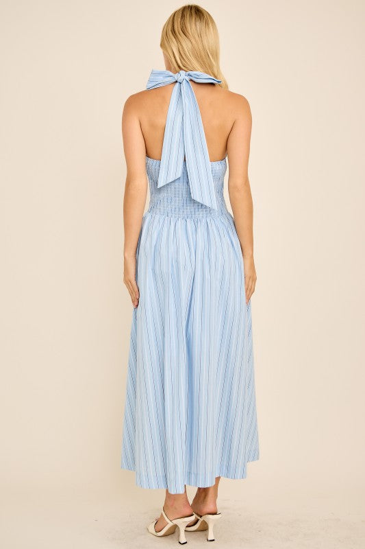Gracie Sleeveless Halter Stripe Print Midi Dress Blue Medium Gracie Sleeveless Halter Stripe Print Midi Dress Blue Medium