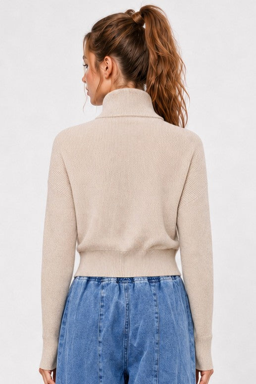 Long Sleeve Turtleneck Ribbed Knit Sweater Cream