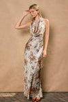Sleeveless Halter Floral Print Maxi Dress Brown