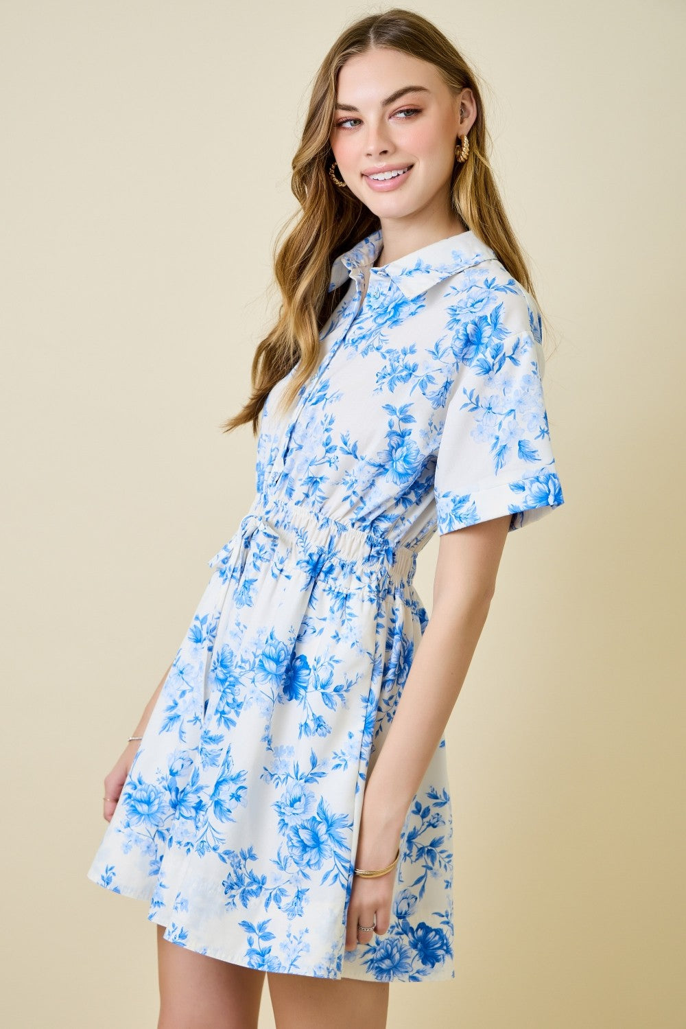 Short Sleeve Button Down Floral Print Mini Dress Blue