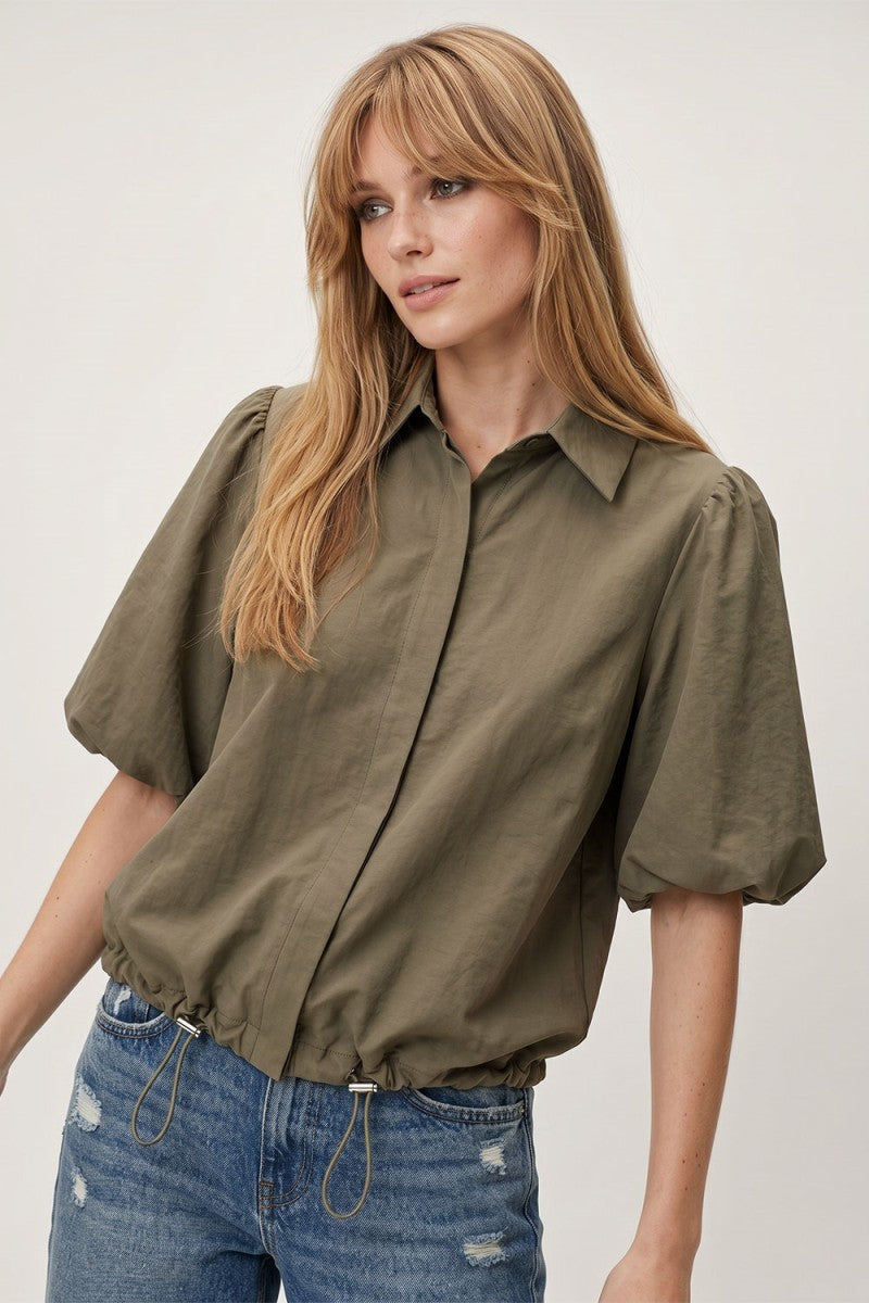 Short Bubble Sleeve Button Down Drawstring Hem Top Dark Olive