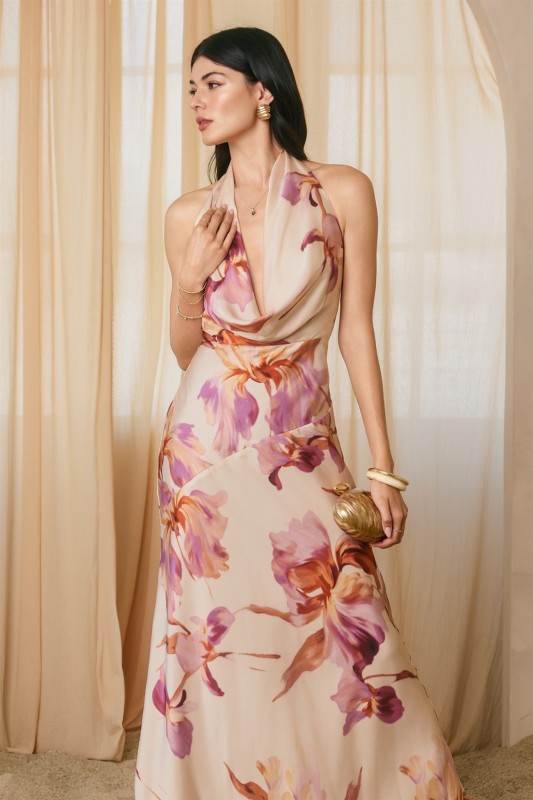 Sleeveless Halter Floral Print Maxi Dress Pink