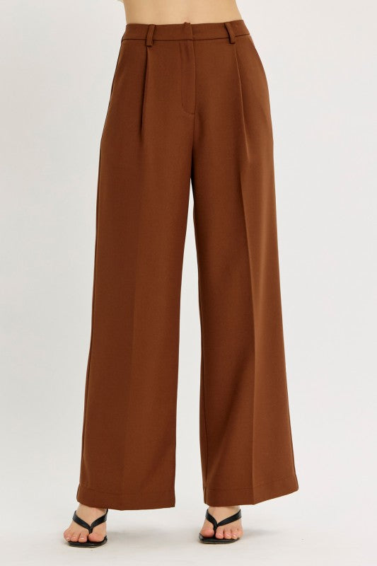 High Waist Pleated Wide Leg Pants Brown