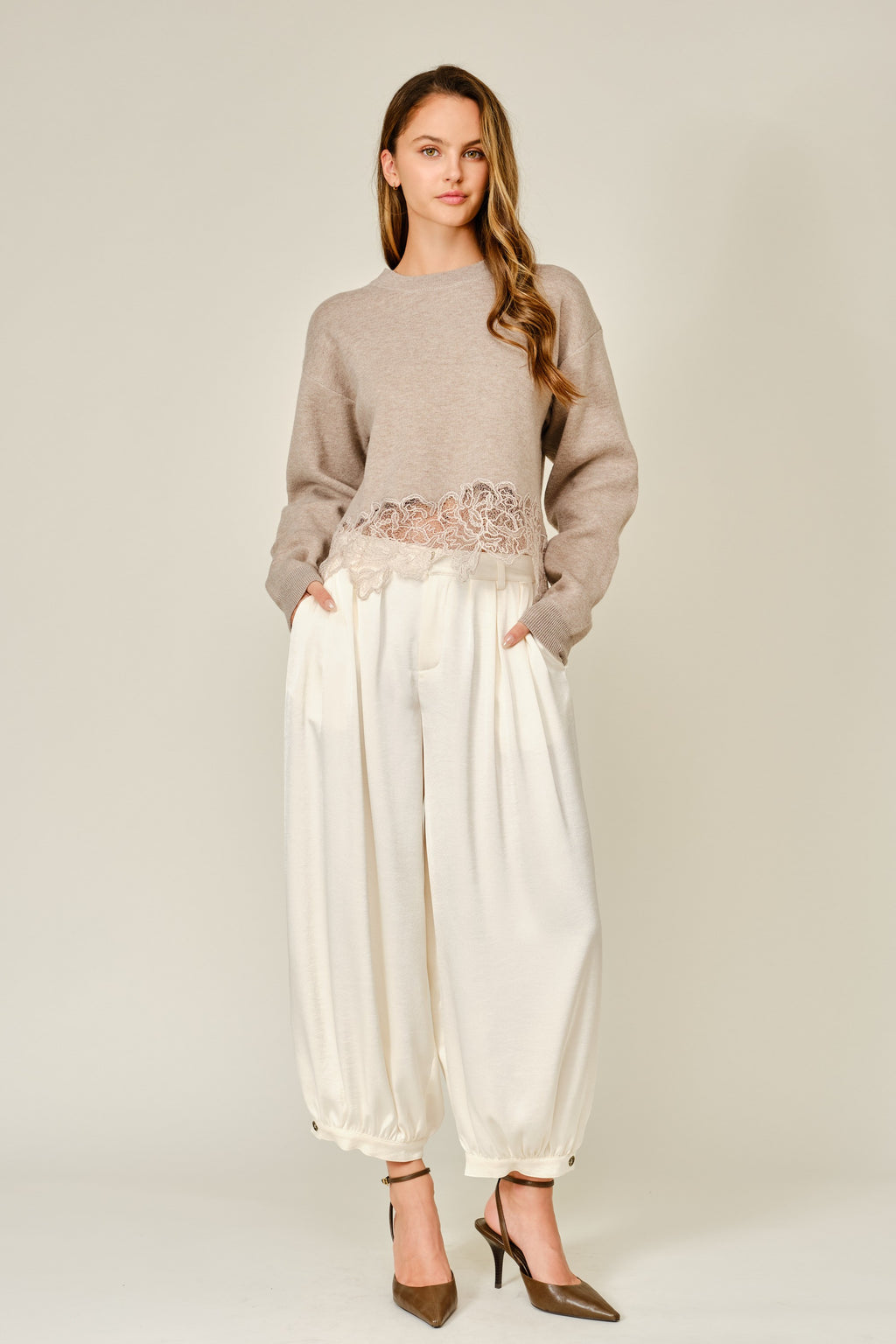 Long Sleeve Lace Trim Knit Sweater Tan