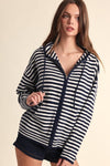 Long Sleeve Zip Up Stripe Print Knit Hoodie Sweater Navy