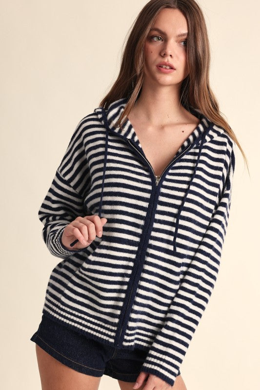 Long Sleeve Zip Up Stripe Print Knit Hoodie Sweater Navy