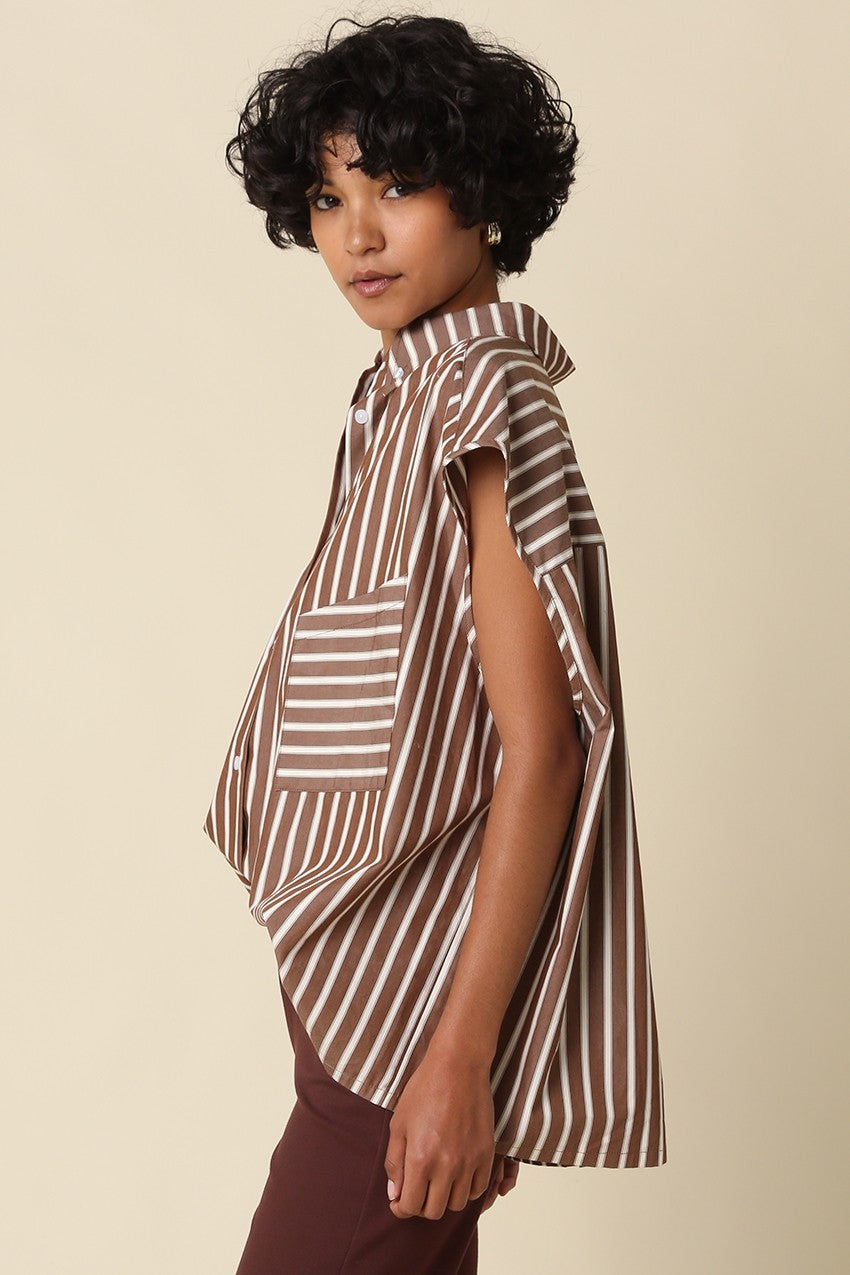 Short Sleeve Button Down Stripe Print Top Brown