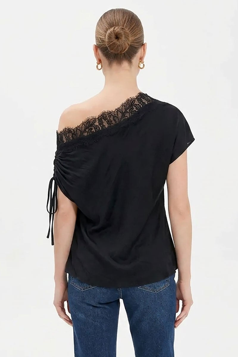 Off The Shoulder Stylish Satin And Lace Top Black