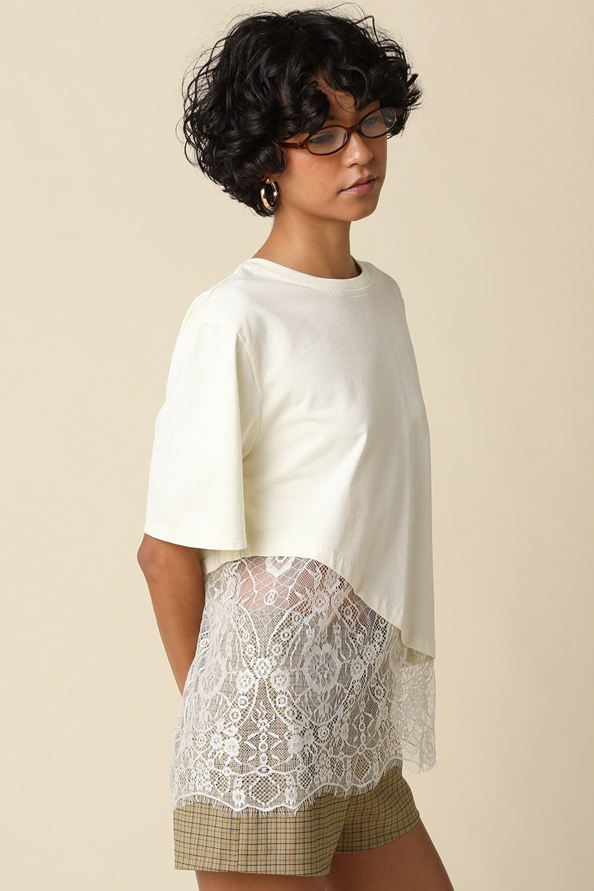 Short Sleeve Asymmetrical Lace Top Cream